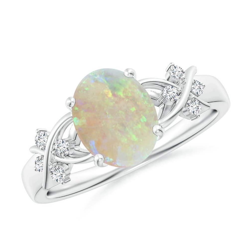 Solitaire Oval Opal Criss Cross Ring with Diamonds